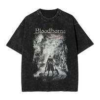 Bloodborne Video Game Graphic Print Tshirt Men Women Vintage Washed Cotton Harajuku Streetwear Fashion Oversized Summer New Tee M gray