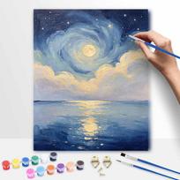 Digital oil painting art painting kit handmade diy moonlit starry sky ocean clouds golden reflection home decorations 40x50cm