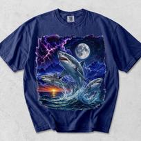 Three Shark Moon Shirt | Vintage 90s Great White Shark Graphic Tee | Retro Ocean Nature T-Shirt | Aesthetic Sea Life Animal Lover Gift 2XL blue