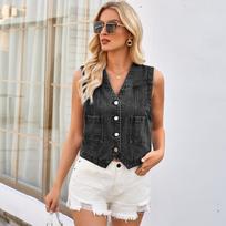 Women's Sleeveless Denim Vest V‑Neck Single Breasted Cropped Waistcoat With Pockets Streetwear Casual Denim Sleeveless Jacket Tops XL brown