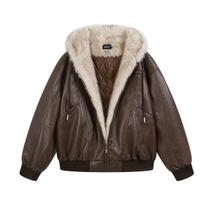 Žieminė PU odos parkos striukė su kailine apykakle, šilta, pastorinta bomber striukė, hip hopo gatvės stiliaus Y2k striukės XS beige