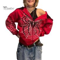Megztinis Moteriški gobtuvai Voratinklio rašto Punk striukės Streetwear Gotikinio stiliaus Vintage užsegamas gobtuvas Paltai Rudens Žiemos drabužiai XL raudona