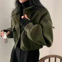 Korean Autumn Winter New Stand Collar Short Lazy Style Loose Casual Wool Coat for Women XL žalia