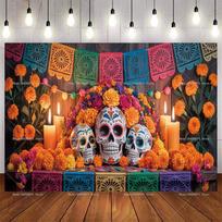Mexican Fiesta Día De Los Muertos Backdrop Day Of The Dead Theme Birthday Party Wall Decor Photo Booth Photography Supplies 47.2x31.5inch/120*80cm orange
