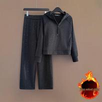 Korean Sequined Fleece-Lined Hoodie & Wide-Leg Pants Set for Women – Chic Autumn/Winter Sportswear S black