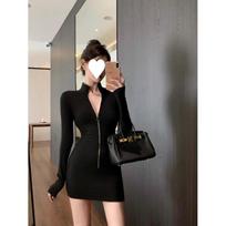 Spice girl stand-up collar long-sleeved dress women's autumn and winter tight-fitting velvet bottomed short skirt, thin waist and hip skirt XL black