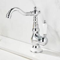 Visas varinis antikvarinis virtuvės kriauklės maišytuvas, montuojamas ant stalviršio, vienos skylės, šaltam/karštam vandeniui. Silver, White Ceramic, Short