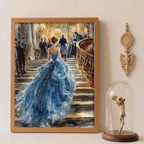 Disney Diamond Painting Kit Unframed, Full Diamond Round Glitter Blue Gown, Classic Style Home Decor Craft, Perfect Gift Idea Round 40x50cm