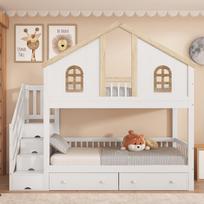 Children's bunk bed 90x200 cm with storage stairs, house bed in white/natural, bunk bed with window design, large drawers and fall protection 252.5 x 94.5 x 219 cm