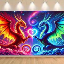 2D Magical Red Blue Dragons Tapestry Dragon Themed Event & Birthday Party Background 47.2x31.5inch/120*80cm blue