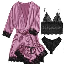 Women's Sexy Pajamas Nightgowns Lingerie Shorts 4-piece Lace Camisole Pajama Set Home Robe Nightgowns Leisure wear XL violetinė