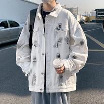 Men's Graffiti Denim Jacket: Trendy, Loose-Fit, Hong Kong Style for Spring/Autumn L [115-125 lbs] gray