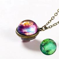Earth Moon Planet Glass Ball Noctilucent Pendant Necklace Double-sided Luminescent Galaxy Nebula Cosmic Choker Jewelry for Women blue