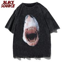 Vintage TShirt Men Summer Shark Graphic Print T Shirt Cotton Oversized Men Washed Retro TShirts Hip Hop Streetwear Tops M black