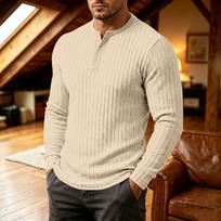 Vyriški ilgomis rankovėmis henley marškinėliai, pintos tekstūros briaunoto trikotažo sagų atvartas, laisvalaikio apvalia iškirpte, kasdienis rudens/žiemos viršutinis drabužis L chaki