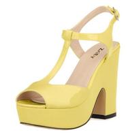 Moteriški sandalai madingi seksualūs 12 cm kulkšnies dirželis Peep Toe aukštakulniai moteriški pleištai platforma sandalai lakinės odos vakarėliui vestuviniai batai 40 geltona