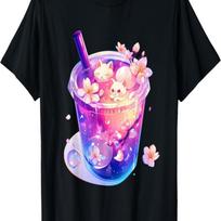 Cute Kawaii Cats In Bubble Tea Cherry Blossom  Anime T-Shirt XXXXXL juoda