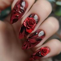 24Pcs Wine Red Long Almond Press On Nails With Glitter Lines And Rhinestone Design Fake Nail Tips gray