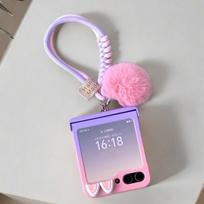 Stylish cute rabbit applies to samsung zflip8 mobile phone case folding screen zflip5 medium shaft pom-pom lanyard Huawei pura x collector's edition pink
