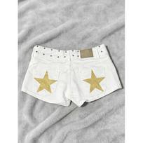 Y2K Low-Rise Denim Shorts Women With Sparkle Stars Print Loose Fit Streetwear Hot Pants Medium white
