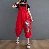 Cartoon Kids Printed Denim Suspenders Bloomers Eight-point Wide-leg Pants Casual Jeans Plus Size M red