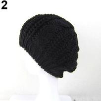 Women Sweet Crochet Warm Solid Color Beret Artist Baggy Beanie Winter Hat Gift juoda