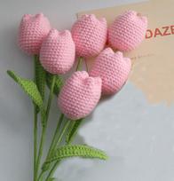 6Pcs Handmade Crochet Tulip, Knitted Tulip Flowers, Artificial Woven Flowers Best For Teacher's Day, Graduation Gift Home Decor pink