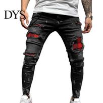 Men Jeans Multi Pockets Ripped Holes Denim Mid Waist Stretchy Tassel Skinny Streetwear Trousers M juoda