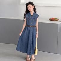 Summer 2026 Girls' Denim Tencel Dress: Lightweight, Sleeveless, Long Shirt Dress for School-Style Wear for Older Kids. 140cm blue