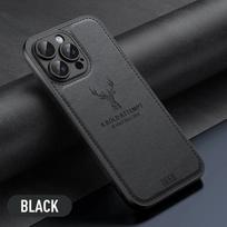 Prabangus audinio ir odos dėklas su elnio galvos raštu iPhone 15 14 13 12 11 16 Pro X XR XS Max 7 8 Plus, atsparus smūgiams galinis dangtelis For iPhone 15 juoda