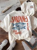 Sardines Fish Market T Shirt Funny New Port Graphic Double Sided Print Unisex Harajuku Aesthetic Loose Short Sleeve Summer Tops XL white