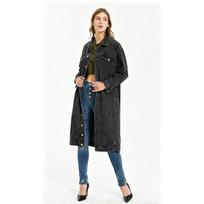 Womens Long Denim Jacket Slim Fit Washed Vintage Style Streetwear Oversized Coat M black