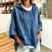 Women's Casual Loose Fit Hooded Denim Jacket with Three-Quarter Sleeves M
