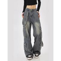 Oversized Wide Leg Cargo Denim Pants Women Relaxed Fit Multi-Pocket Vintage Streetwear Style XL