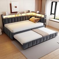 Upholstered sofa bed 90x200cm, LED lighting and storage compartments at head and foot end, equipped with USB and Type-C ports. Velvet fabric dark grey 212.5 x 101.5 x 90 cm pilka