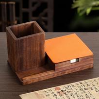 Solid Wood Chinese Style Pen Holder and Sticky Notes Box - Ideal Office Ornament or Graduation Gift for Teachers and Leaders orange