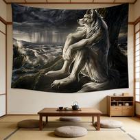 Funny Alpha Sigma Beta Wolf Tapestry, Melancholic White Wolf Sitting Wall Hanging, Sad Aesthetic Wall Art For Home Bedroom Decor 40X60CM