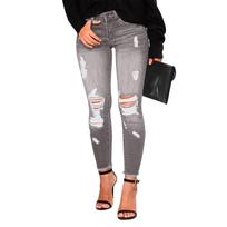 Women's Skinny Ripped Trendy Jeans Distressed Stretchy Denim Pants L gray