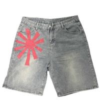 Vintage Washed Denim Shorts With Cross Pendant Detail Loose Fit Straight Cut Casual Women Small gray