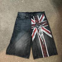 Vintage Washed Denim Shorts With Cross Pendant Detail Loose Fit Straight Cut Casual Women Medium black