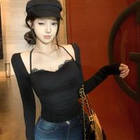 Spicy Girl Black Lace Halter Long Sleeve Slim Fit T-shirt - 2026 Spring Collection Medium