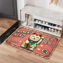 Japanese Maneki Neko Lucky Cat 2D Flat Printed Door Mat Felt Polyester Composite Washable Entrance Floor Rug for Indoor Entryway 40cm x 60cm brown