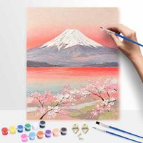 Digital oil painting art painting kit handmade diy Mount Fuji cherry blossom pink sunset lake landscape textured home decorations 30x40cm pink