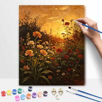 Digital oil painting art painting kit handmade diy golden wildflower garden red blossoms textured sunset canvas home decorations 30x40cm black