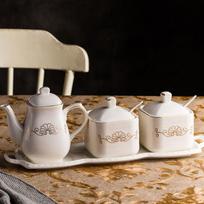 Nordic Style Ceramic Spice Jar Set with Tray - Includes Sugar Jar, Vinegar Pot, Oil Pot, and Chili Oil Jar.