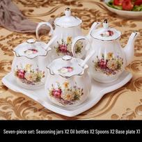 Nordic Style Ceramic Spice Jar Set with Tray - Includes Sugar Jar, Vinegar Pot, Oil Pot, and Chili Oil Jar.