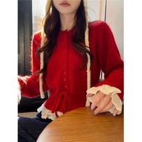 KANING Korean Sweet Two-Piece Lace Trim Knit Cardigan, Slimming & Age-Reducing Women's Sweater - 2025 Autumn Collection One Size raudona