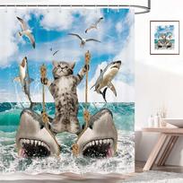 Funny Cat Shower Curtain, Riding Shark Ocean Theme Hilarious Cool Fun Blue Ocean Wave Animal Nautical Whale Boys Bathroom Decor W90XH180 gray