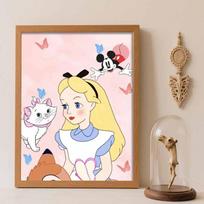 Disney diamond painting kit, 5D Alice and Mickey wall decoration art gift for living room, bedroom, study room. Perfect for home decor. Round 20x30cm beige