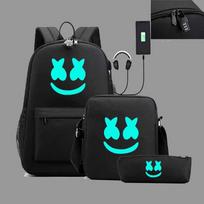 Marshmello zefyro šviečiantis kuprinė, per petį nešiojama pieštukinė, trijų dalių rinkinys, USB įkrovimas, studento mokyklinė kuprinė Large three-piece set juoda